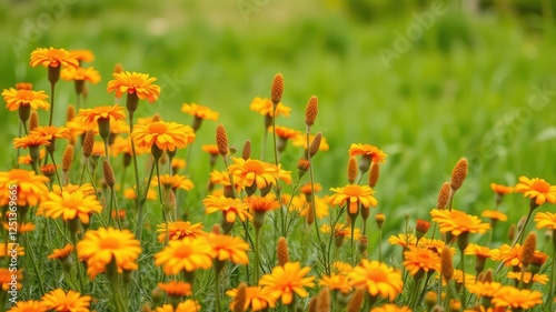 A vibrant orange marigold field with tall, statuesque flowers swaying in the breeze, oranges, garden, bright