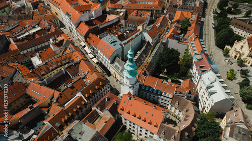 Bratislava old town view castle and city church in city centre. bratislavy skyline aerial view drone footage of bratislava slovakia city.