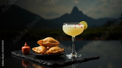 Chilean pisco sour served with traditional empanadas in a picturesque setting