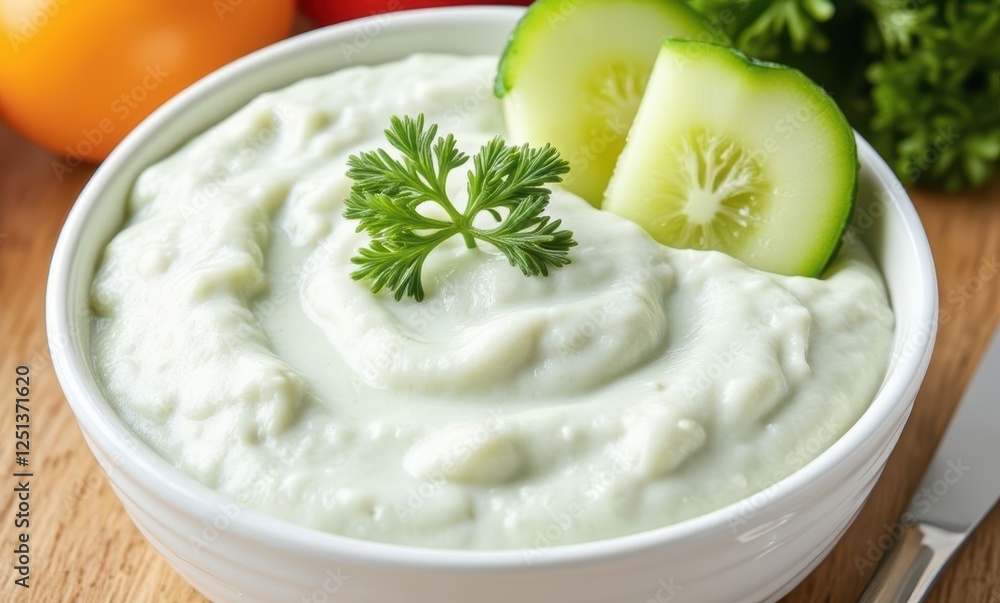 Creamy yogurt dip with fresh cucumber slices Creamy yogurt dip with fresh cucumber slices