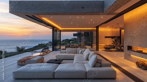 Coastal home patio at sunset with ocean view, ideal for relaxation