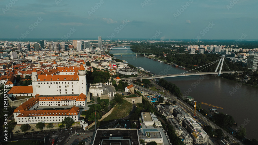 Obraz premium Bratislava old town view castle and city church in city centre. bratislavy skyline aerial view drone footage of bratislava slovakia city.