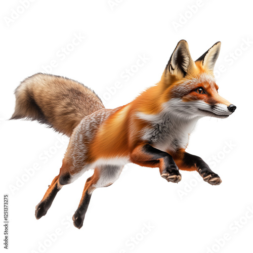 Red fox in mid-leap isolated on a white background. Dynamic image of a jumping wild fox, ideal for wildlife, nature, and educational projects. photo