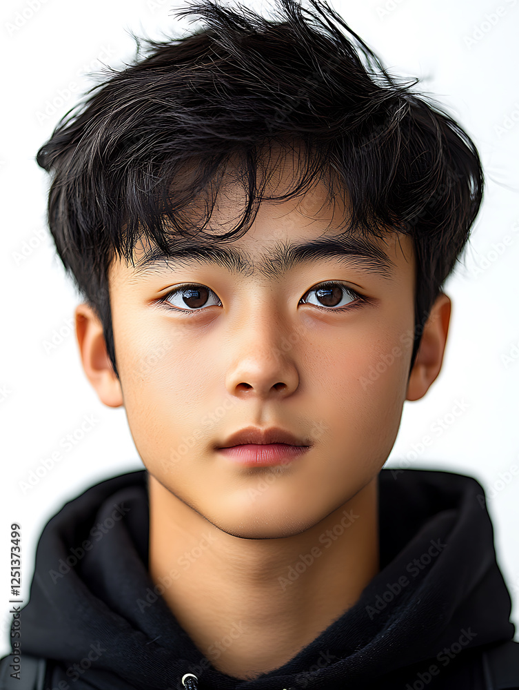young boy with dark hair and neutral expression, wearing black hoodie. His gaze is direct and thoughtful, capturing moment of introspection young boy with dark hair and neutral expression, wearing black hoodie. His gaze is direct and thoughtful, capturing moment of introspection