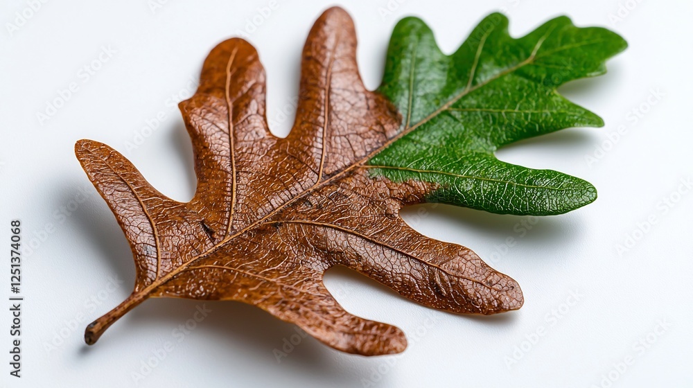 Oak Leaf with Intricate Veins in Brown and Green, Highlighting Seasonal Contrast in Nature Oak Leaf with Intricate Veins in Brown and Green, Highlighting Seasonal Contrast in Nature