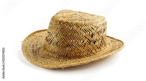A handwoven straw hat, isolated on a white background