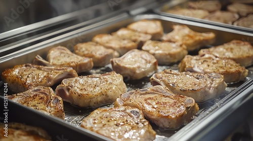 Succulent pork chops seared to perfection on a hot grill. photo