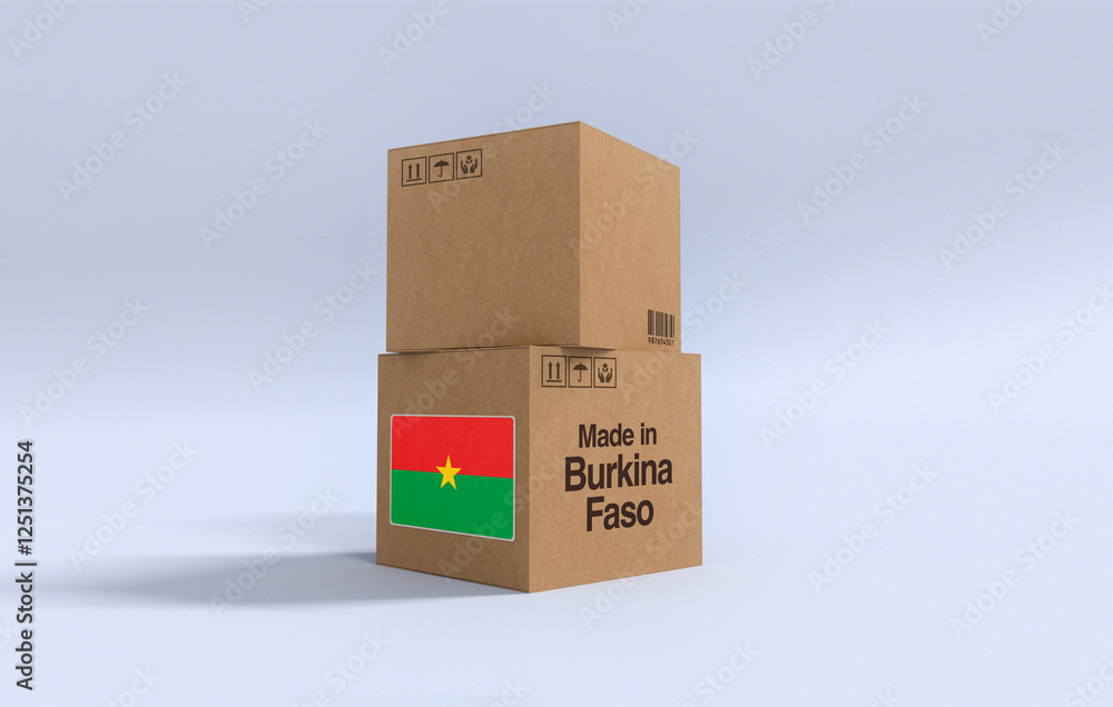 Fototapeta premium Made in Burkina Faso, Carboard carton boxes with Burkinabe flag 3D Render