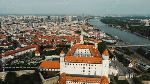 Bratislava old town view castle and city church in city centre. bratislavy skyline aerial view drone footage of bratislava slovakia city.