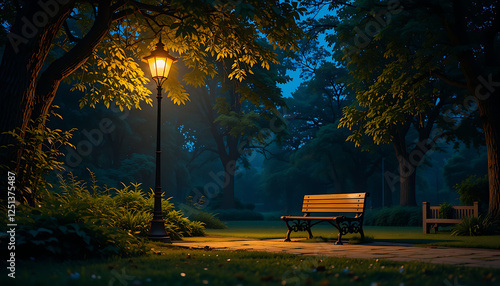 Serene Night Park Scene with Bench and Glowing Street Lamp 