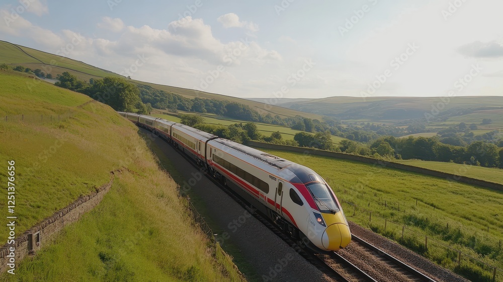 Fototapeta premium A sleek train travels through a picturesque green landscape under a bright sky, showcasing modern transportation amidst nature's beauty.