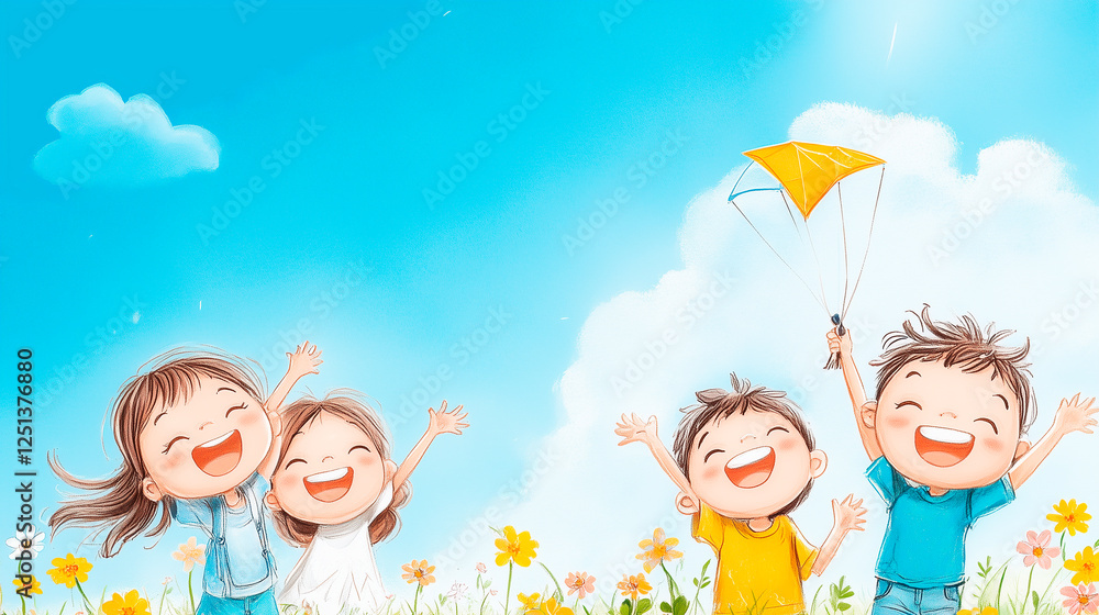 Children playing in a colorful spring meadow, flying kites and picking flowers, bright and cheerful, capturing the joy of childhood in springtime Children playing in a colorful spring meadow, flying kites and picking flowers, bright and cheerful, capturing the joy of childhood in springtime