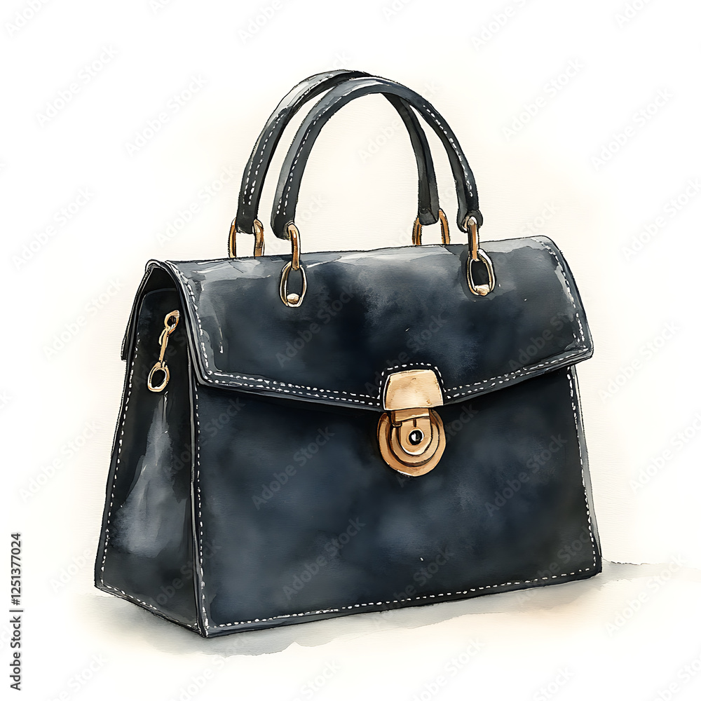 stylish black handbag with structured design and elegant handles, featuring distinctive lock closure. This watercolor illustration captures essence of modern fashion accessories stylish black handbag with structured design and elegant handles, featuring distinctive lock closure. This watercolor illustration captures essence of modern fashion accessories