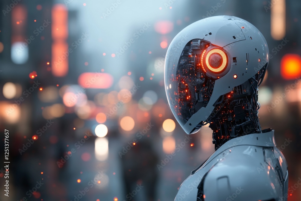 Futuristic robot stands in a bustling urban environment during twilight, displaying intricate technology and glowing features Futuristic robot stands in a bustling urban environment during twilight, displaying intricate technology and glowing features