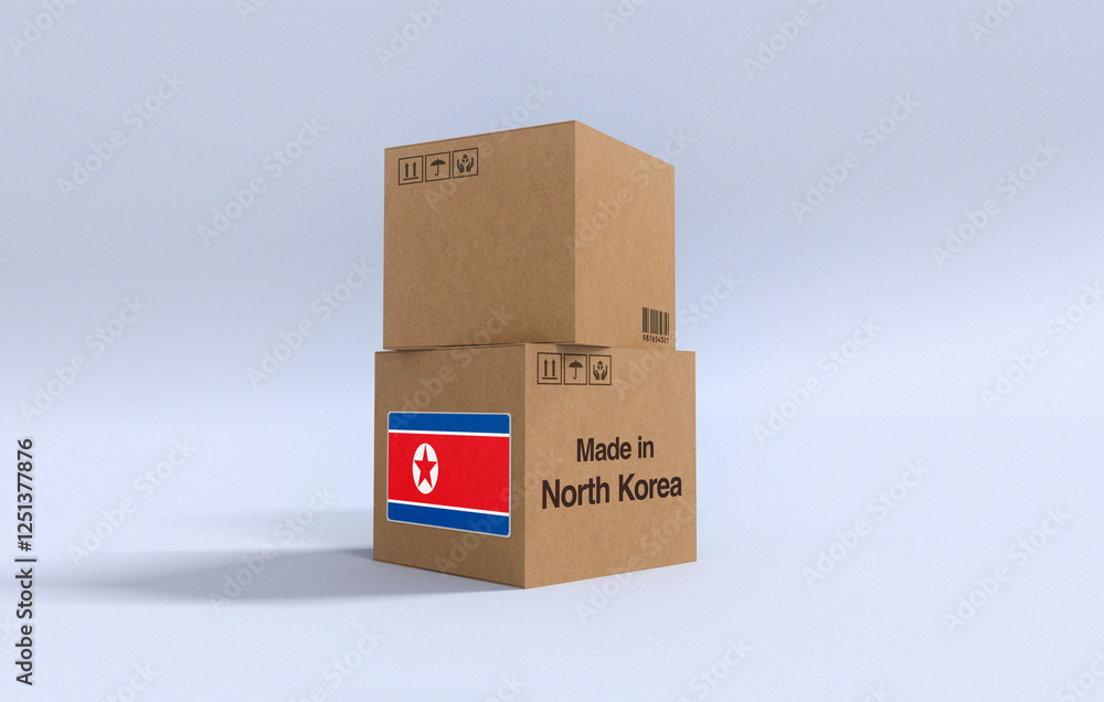 Fototapeta premium Made in North Korea, Carboard carton boxes with North Korean flag 3D Render