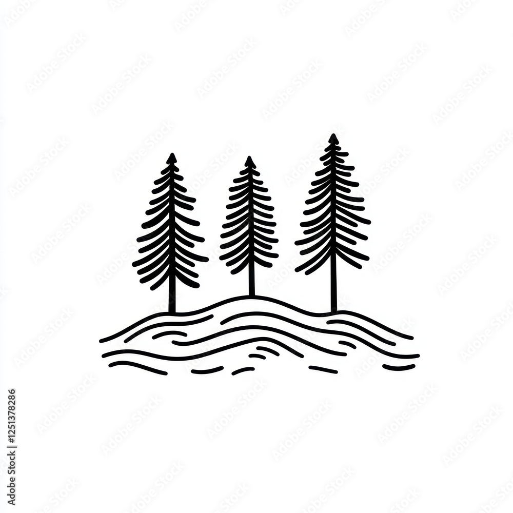 Obraz premium Three Pine Trees on a Wavy Hilltop Landscape