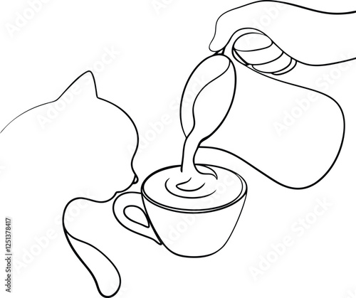 Oneline art Coffee pouring, cat watching, morning ritual, latte art, creamy beverage