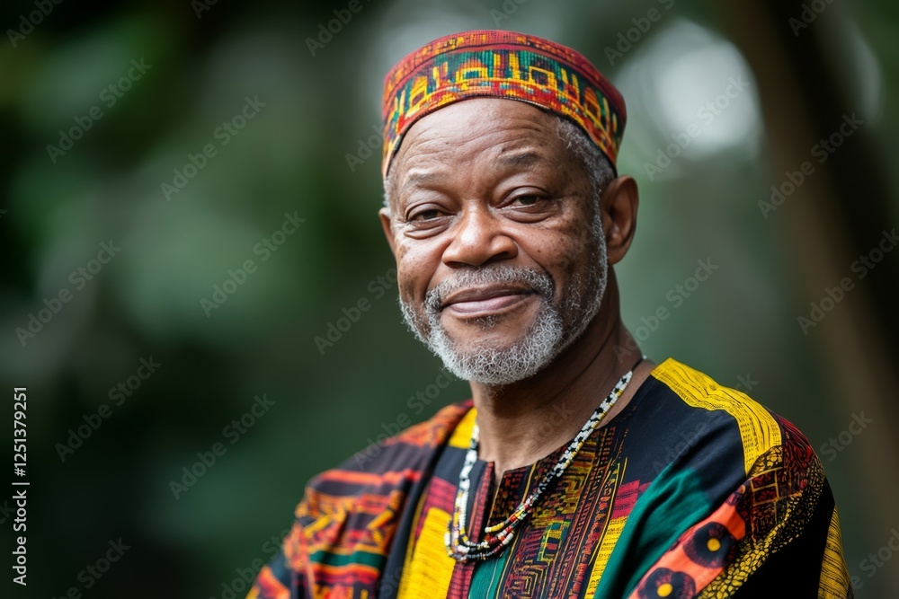 Man in traditional attire smiles warmly against a lush green backdrop during a sunny afternoon Man in traditional attire smiles warmly against a lush green backdrop during a sunny afternoon