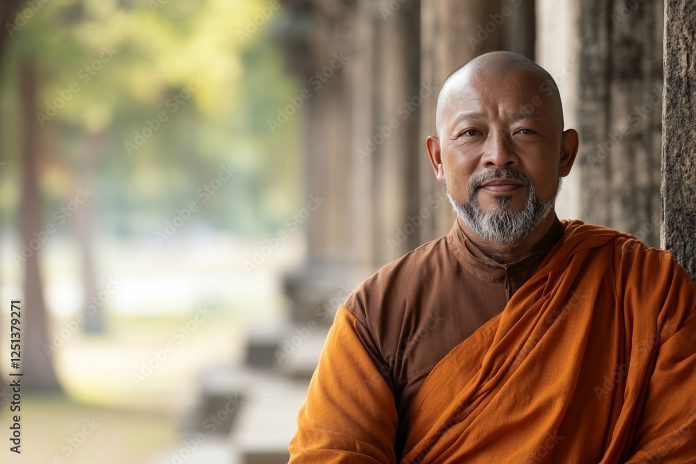 Buddhist monk in serene temple courtyard enjoying a moment of peace during a sunny afternoon Buddhist monk in serene temple courtyard enjoying a moment of peace during a sunny afternoon