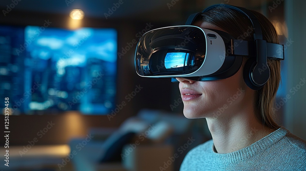 Woman Experiencing Immersive Virtual Reality Headset Technology at Home Woman Experiencing Immersive Virtual Reality Headset Technology at Home