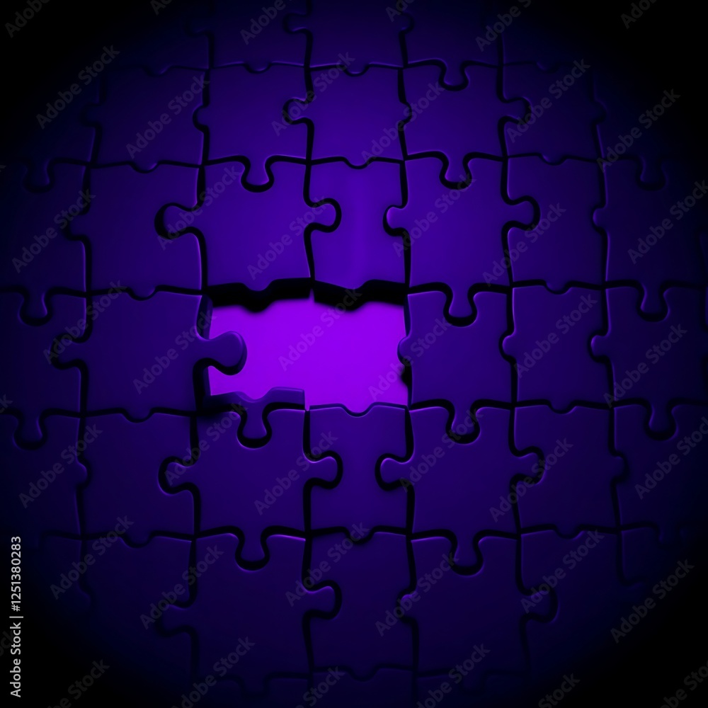Purple jigsaw puzzle with one piece missing. Purple jigsaw puzzle with one piece missing.