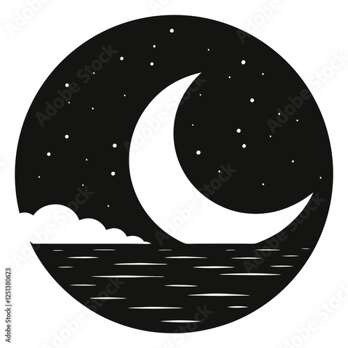 vector of a waning crescent moon over the horizon
