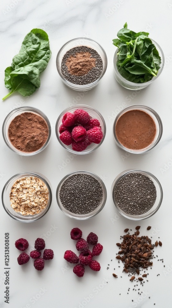 Flat Lay of Superfood Ingredients Including Berries, Chia Seeds, and Cocoa Flat Lay of Superfood Ingredients Including Berries, Chia Seeds, and Cocoa