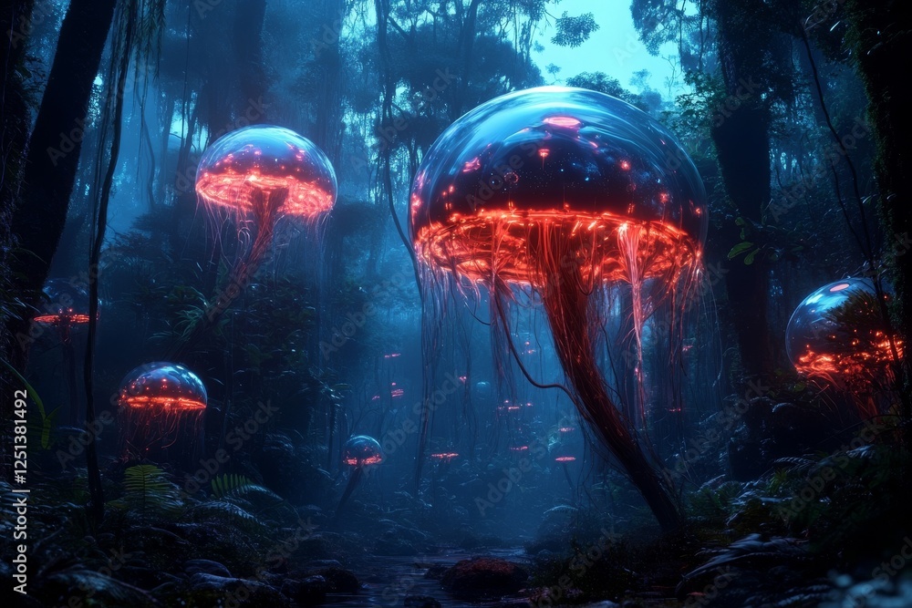Obraz premium Unique bioluminescent jellyfish illuminate a dense jungle at night in an otherworldly setting