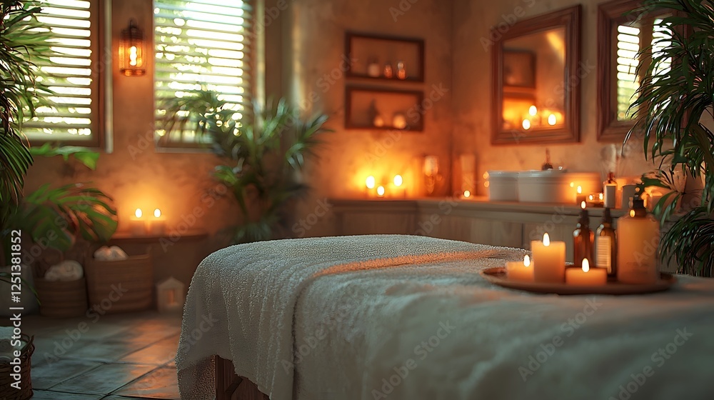 Obraz premium Tranquil and Relaxing Massage Therapy Room with Soft Lighting Candles and Essential Oils for a Calming and Rejuvenating Experience