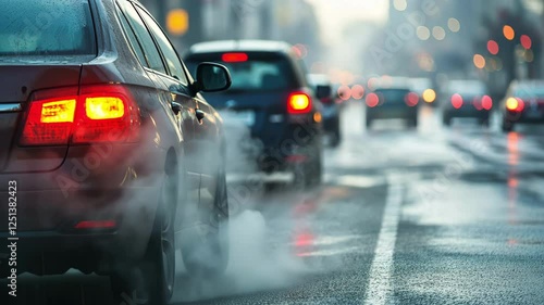 Morning Traffic in Busy City Streets Cars Emitting Exhaust on Wet Roads Reflecting Urban Lights, Capturing Dynamic Atmosphere of City Life.
