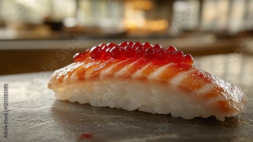 Close-up sushi with caviar on a stone surface in a restaurant photo