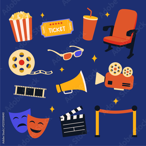 Movie cinema elements collection. Popcorn, ticket, film, 3d glasses, camera film, clapperboard illustration