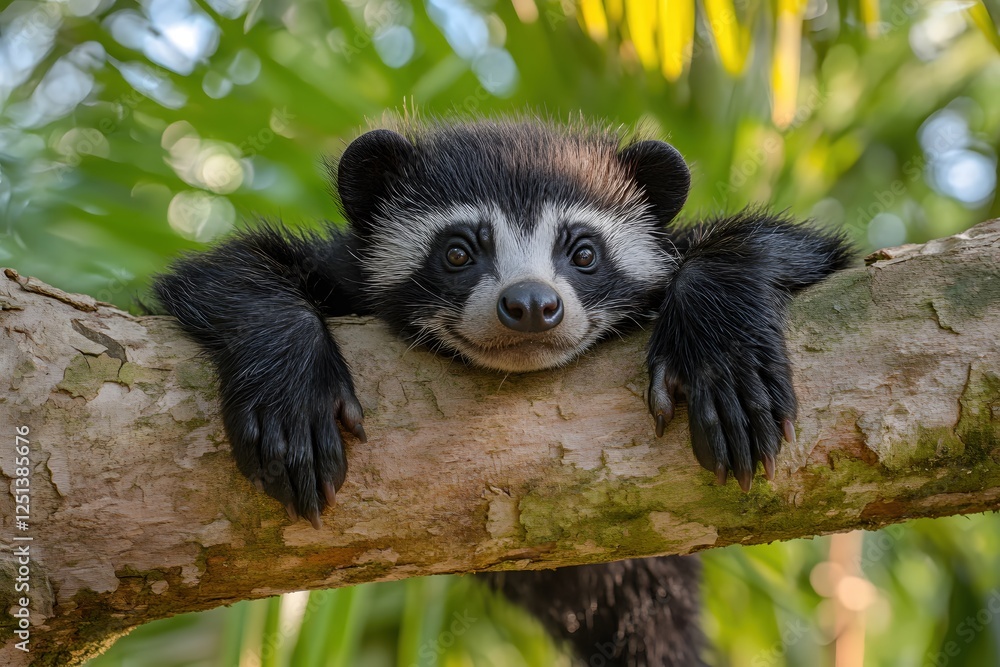 Fototapeta premium Adorable raccoon dog resting on a branch with a blurry green background in the forest