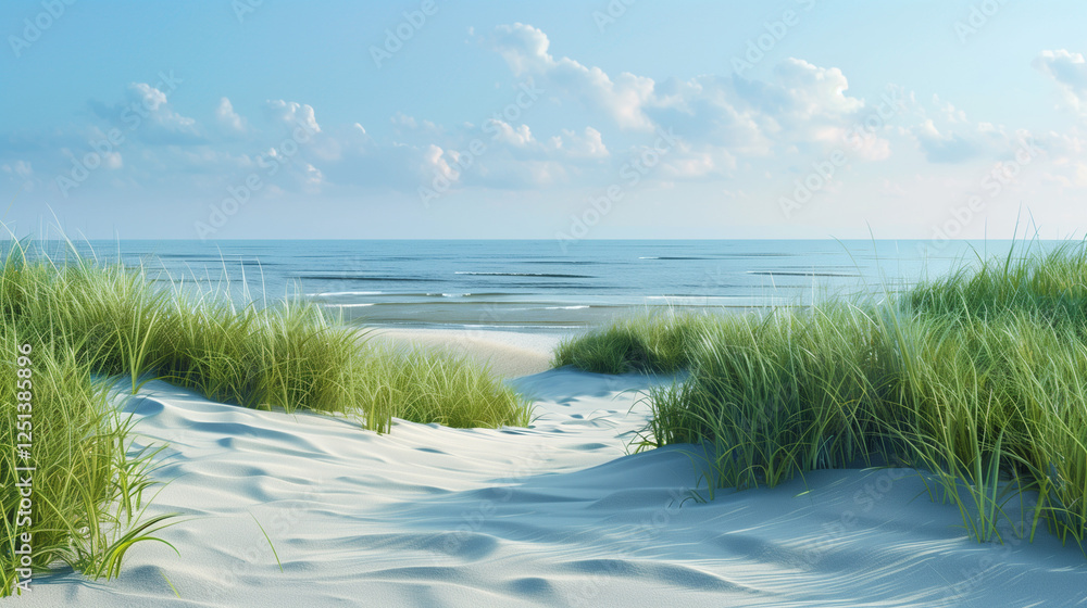 serene beach sand dunes green seagrass calm sea clear blue sky panoramic view serene beach sand dunes green seagrass calm sea clear blue sky panoramic view