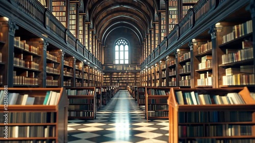 A blurred background of an old library with rows of shelves filled with books, creating a cozy atmosphere for reading or studying in the university.