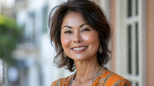 Radiant Asian Woman Exudes Positivity and Confidence in Her Captivating Headshot Portrait  The subject s bright smile and glowing expression convey a sense of joy optimism and approachability photo