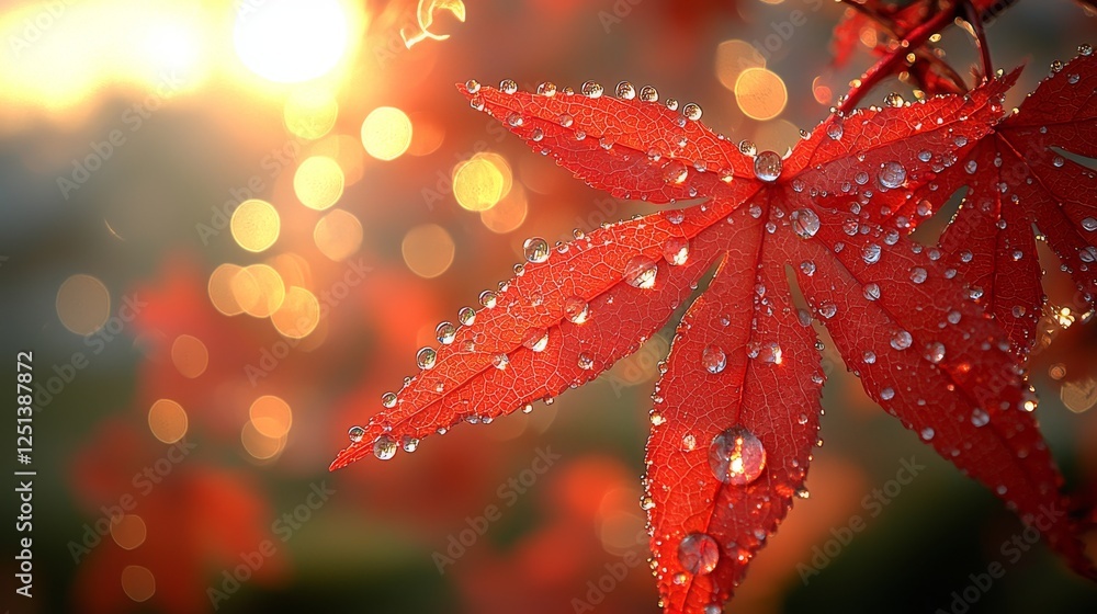 Vibrant Red Autumn Leaves with Dew Drops Nature Setting Close-Up View Tranquil Atmosphere Seasonal Beauty Vibrant Red Autumn Leaves with Dew Drops Nature Setting Close-Up View Tranquil Atmosphere Seasonal Beauty