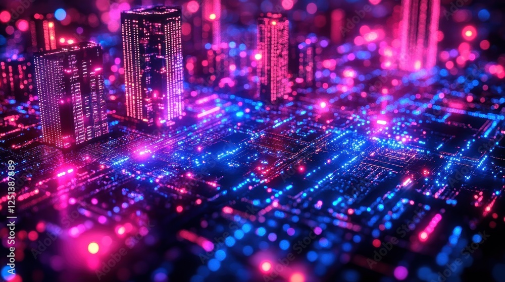 Obraz premium Neon city circuit board, digital future, data flow
