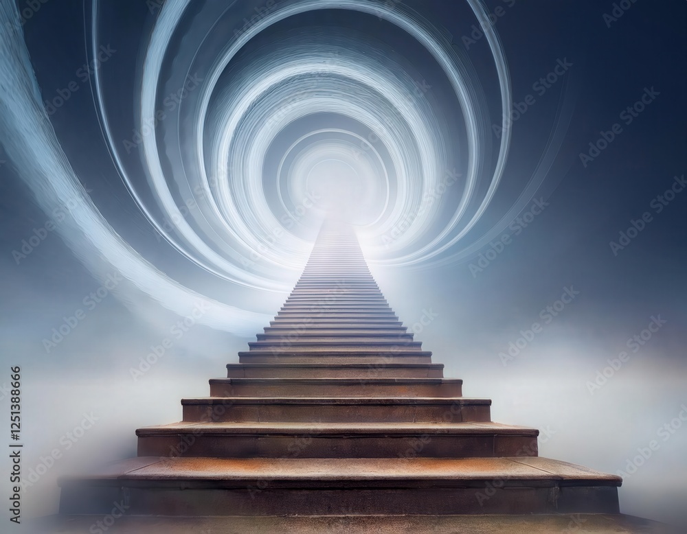Obraz premium Steps to the Unknown: A solitary staircase ascends towards a luminous portal, surrounded by swirling ethereal mist.