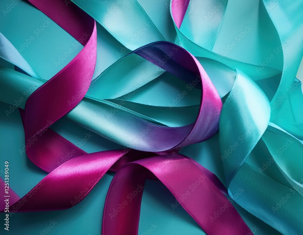 Teal and Purple Ribbon Swirl: A captivating abstract image featuring a luxurious arrangement of teal and purple satin ribbons, elegantly intertwined and creating a visually stunning swirl. Teal and Purple Ribbon Swirl: A captivating abstract image featuring a luxurious arrangement of teal and purple satin ribbons, elegantly intertwined and creating a visually stunning swirl.