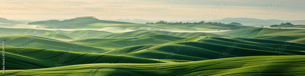 enchanting view rolling green hills soft pastel hues gentle dawn light serene enchanting view rolling green hills soft pastel hues gentle dawn light serene
