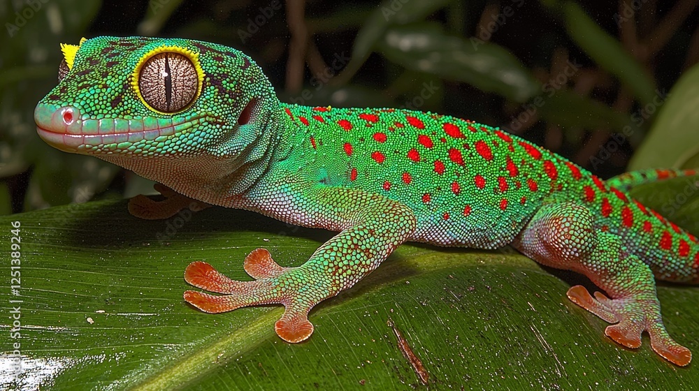 Obraz premium Vibrant Green Gecko on Leaf Tropical Rainforest Wildlife Photography Natural Habitat Close-up Nature Beauty