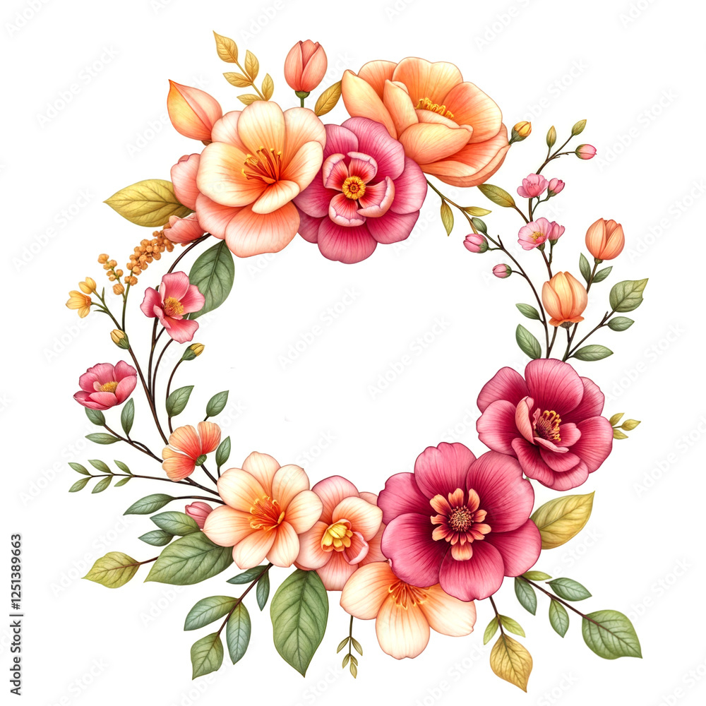Fototapeta premium Colorful floral wreath design featuring pink and orange blossoms with green leaves for decoration