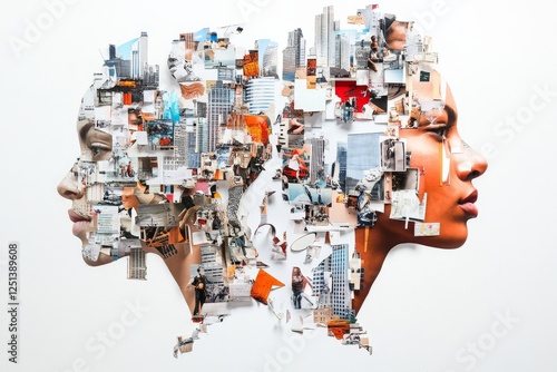 Creative collage artwork depicting two faces intertwined with urban landscapes and city imagery