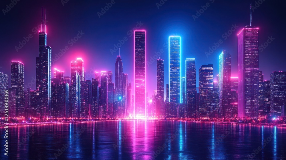 Neon Cityscape, Night, River, Reflection, Cyberpunk Neon Cityscape, Night, River, Reflection, Cyberpunk