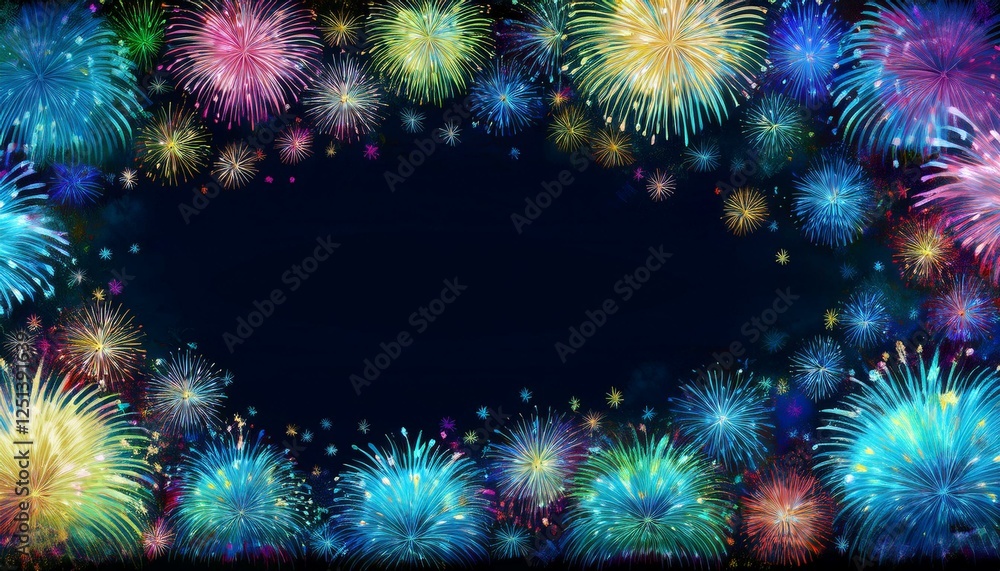 Fototapeta premium border frame of colorful fireworks on black background with copy space for text
