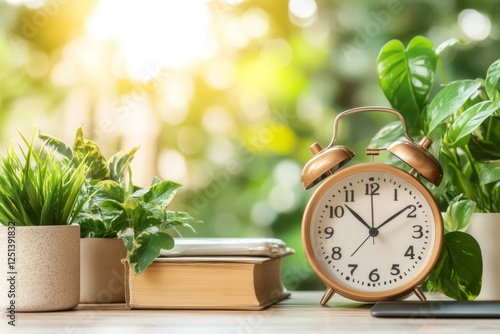 A desk with an alarm clock ringing loudly, signaling the end of a deadline period photo