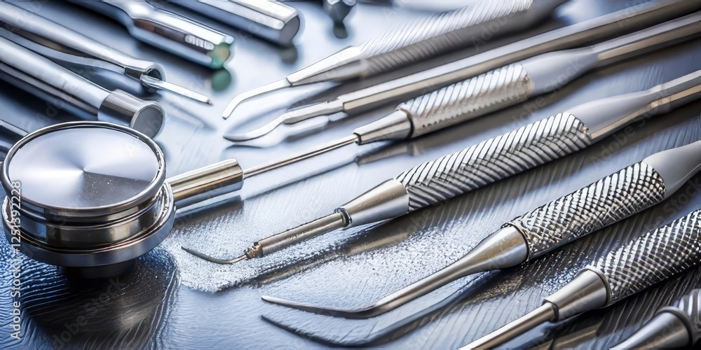 Fototapeta premium Close-up view of precision medical instruments and diagnostic tool arranged on a reflective surface