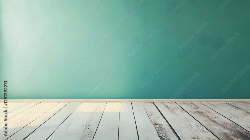 Minimalist interior space with teal wall and wooden floor, bright sunlight streaming in Minimalist interior space with teal wall and wooden floor, bright sunlight streaming in