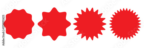Sunburst sticker shapes. Rounded starburst zigzag badge, spiky oval, circle and star shaped price tag, discount and sale label stickers. Jagged silhouettes vector set.